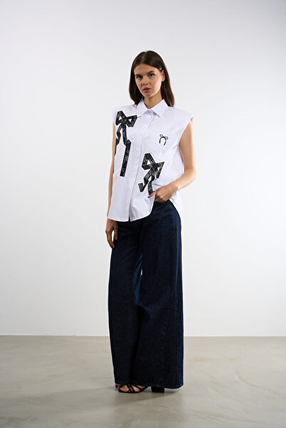 HANIQA Bow Printed Zero Sleeve Shirt