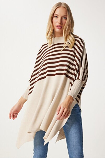 ebru akten butik Дамски черен пуловер пончо с големи разрези