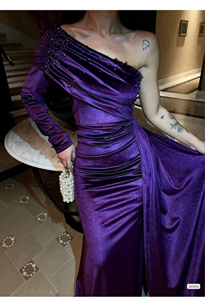 Modafeminen Rochie de seară din țesătură elastică din catifea, cu un singur umăr, cu perle și detaliu de coadă 583056 PURPLE