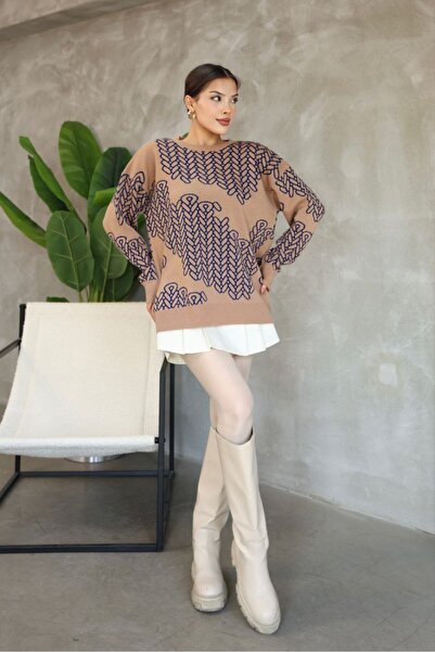 LADY HAZAL Beige Crew Neck Soft Textured Striped Knitwear Hijab Sweater