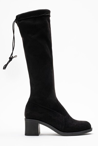 CCWAY AYAKKABI Жіночі чобітки на підборах з еластичною частиною нижче коліна; ЧОРНИЙ ЗАМШ