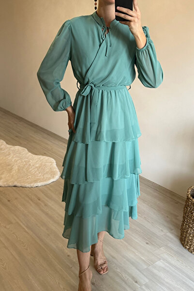 Neşeli Butik Women's Tiered Flounce Belted Midi Chiffon Dress Nm004
