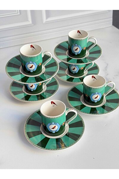 ROSSEV Türk Kahve Fincanı Bird Green 6 Kişilik 12 Parça