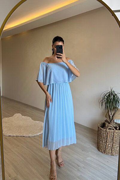 Neşeli Butik rochie midi din șifon cu pliuri, cu umăr deschis, pentru femei, NM006