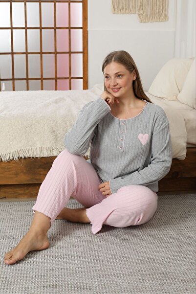 FORVENS Plus Size Embroidered Cotton Heart Detailed Pajama Set