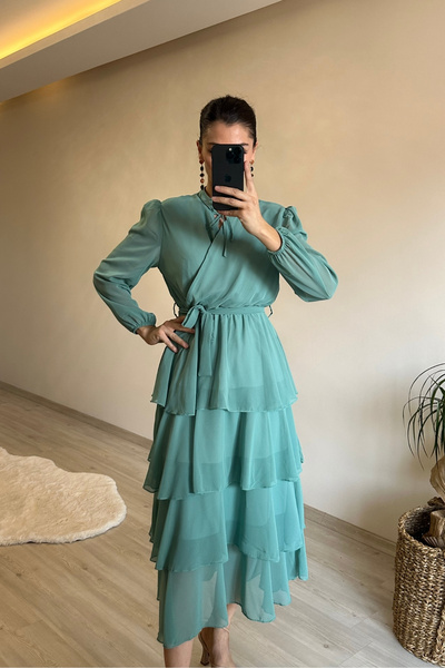 Neşeli Butik Women's Tiered Flounce Belted Midi Chiffon Dress Nm004