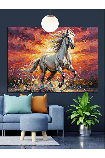 Tablo Mega Beyaz At Koşuyor Dinamik Dekoratif Kanvas - Mdf Ahşap Tablo