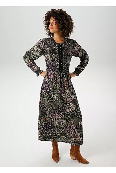 Şans Women's Plus Size Green, Crochet Elastic Detail, Floral Pattern Viscose Long Dress 65N39178