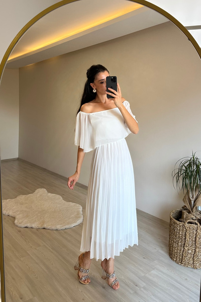 Neşeli Butik Women Off Shoulder Pleated Midi Chiffon Dress Nm006