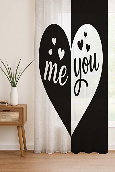 Else Dekor Black and White Heart Patterned Digital Printing Tulle Curtain Living Room Kitchen Bedroom 140X260Cm