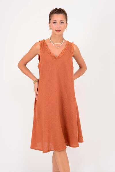 Park Moda 140461 Firfir Detailled Sleeveless Linen Dress