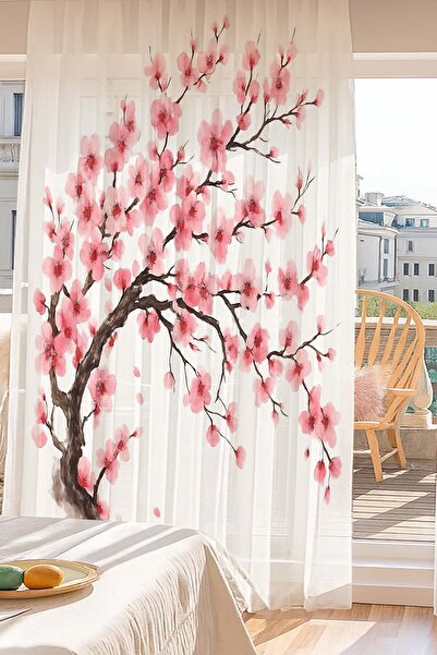 3D ELSE HALI Sakura Pembe Çiçekli Ağaç Desenli Dijital Baskı Tül Perde Salon ...