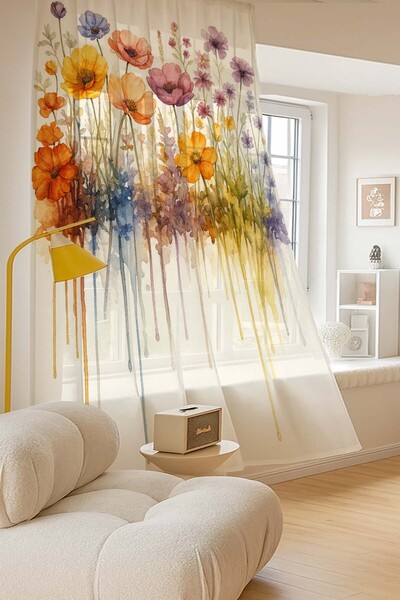 Else Dekor Ακουαρέλα Λουλούδια Μοτίβο Ψηφιακής Εκτύπωσης Τούλι Κουρτίνα Σαλόνι Κουζίνα Υπνοδωμάτιο 140x260cm