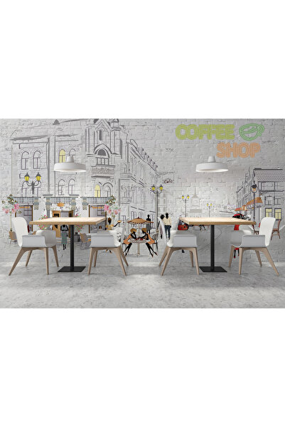 Tasarım Şehir ve Cafe Tuğla Desen Zemin Coffee Shop Neon Görünüm Yazı Cadde Sokak İnsanlar Duvar Kağıdı