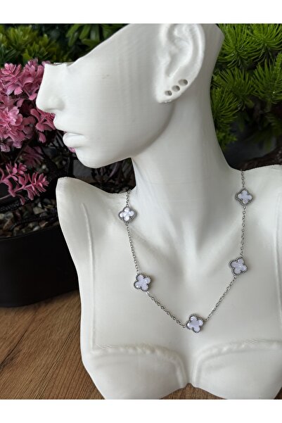 B & S Beyaz Yoncalı Çelik Kolye