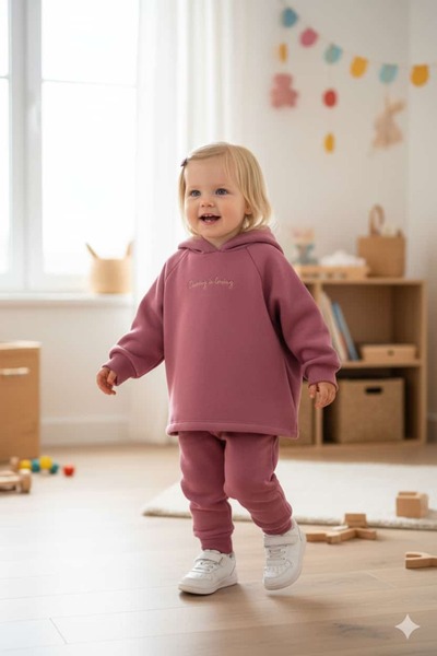 PİTABABY Kız Çocuk Gül Kurusu Şardonlu Kapüşonlu Sweatshirt & Jogger Pantolon...