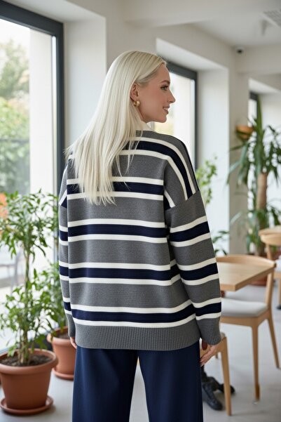 FLEX FASHION Women's Polo Collar Striped Trend Oversize Knitwear Sweater