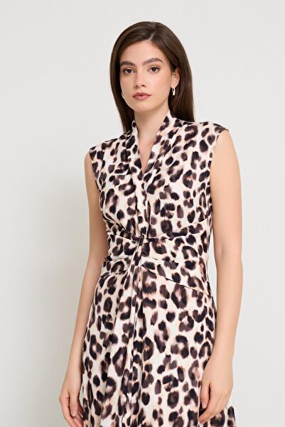 Setre Krem - Acı Kahve Kolsuz Yaka Ve Bel Detaylı Leopar Desenli Midi Boy Elbise