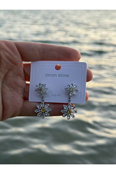 stainles steel Çift Papatya Taşlı Küpe