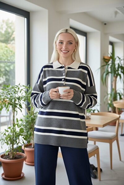 FLEX FASHION Women's Polo Collar Striped Trend Oversize Knitwear Sweater