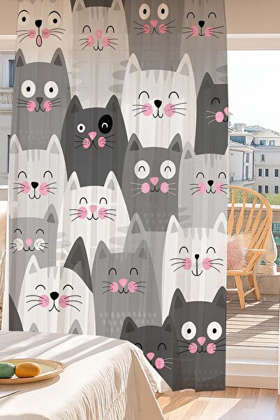 Else Dekor Gray White Cats Patterned Digital Printing Tulle Curtain Living Room Kitchen Bedroom 140X260Cm