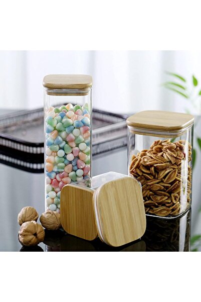 Generic Set of 3 Square Glass Jars with Bamboo Lids, Airtight Storage for Pasta, Snacks (800-1600ML)