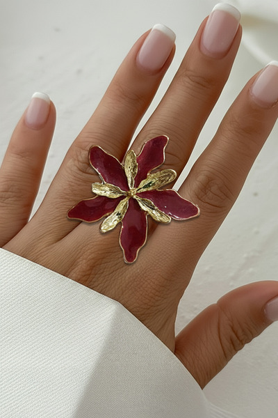 Glaren Büyük Çiçek Bordo Renk Altın Renk Kadın Yüzük