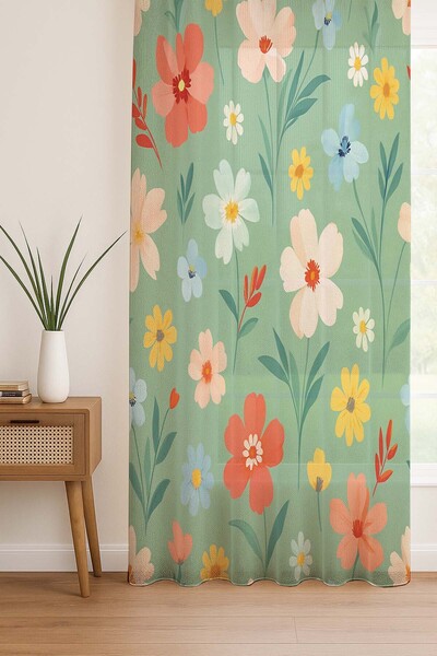 Else Halı Minik Çiçekler Desenli Dijital Baskı Tül Perde Salon Mutfak Yatak Odası 140x260cm