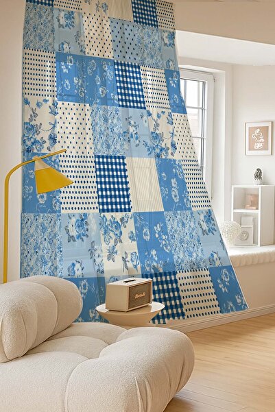 Else Dekor Blue White Patterned Digital Printing Tulle Curtain Living Room Kitchen Bedroom 140X260Cm