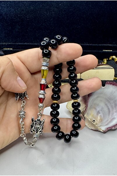 İskenderun Tesbihcilik Handcrafted Nakkaş İmame Simsiyah Squeeze Amber Prayer Beads