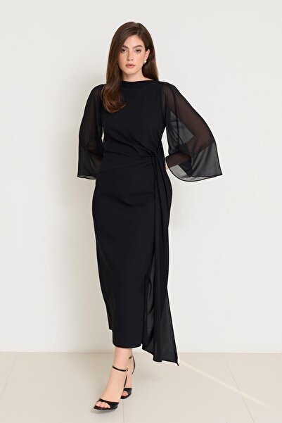 Setre Μαύρο φόρεμα με λεπτομέρεια στη μέση, στο λαιμό και στα μανίκια, άνετο κομμένο φόρεμα μεσαίου μήκους