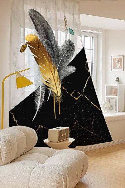 Else Dekor Colorful Feathers Patterned Digital Printing Tulle Curtain Living Room Kitchen Bedroom 140X260Cm