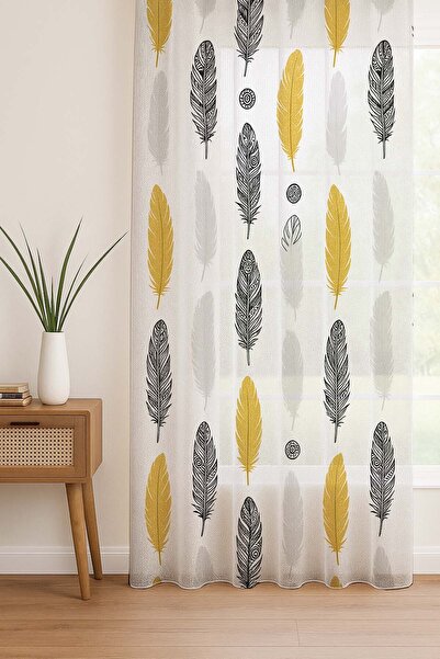 Else Dekor Yellow Gray Ethnic Feathers Patterned Digital Printing Tulle Curtain Living Room Kitchen Bedroom 140X260Cm