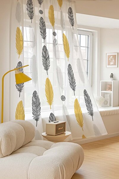 Else Dekor Yellow Gray Ethnic Feathers Patterned Digital Printing Tulle Curtain Living Room Kitchen Bedroom 140X260Cm