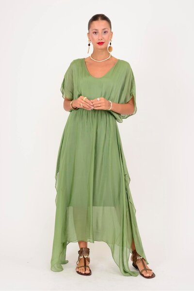 Park Moda 6108 BELİ BÜZGÜLÜ ASİMETRİK İPEK ELBİSE