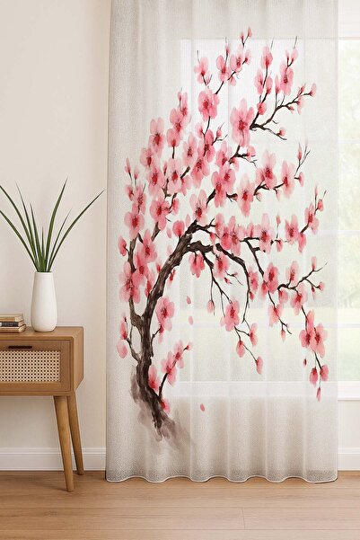 Else Dekor Κουρτίνα από τούλι ψηφιακής εκτύπωσης με μοτίβο ροζ λουλουδιών Sakura για σαλόνι κουζίνα υπνοδωμάτιο 140x260cm