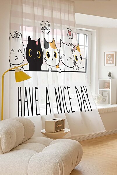 Else Halı Minik Kedili Desenli Dijital Baskı Tül Perde Salon Mutfak Yatak Odası 140x260cm