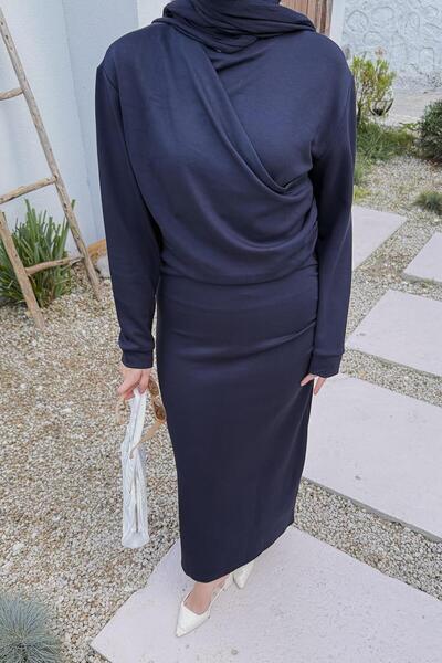 lamelif Φόρεμα με κορδόνια με μανίκια μπλε ναυτικό