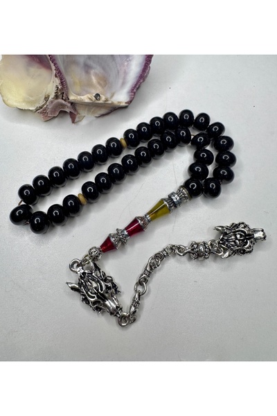 İskenderun Tesbihcilik Handcrafted Nakkaş İmame Simsiyah Squeeze Amber Prayer Beads
