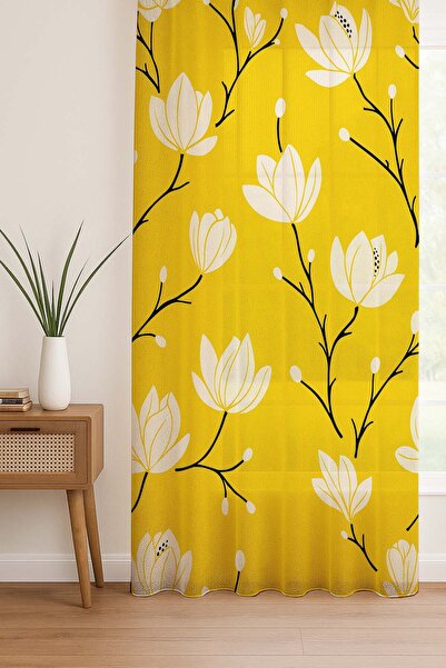 Else Dekor Sarı Beyaz Çiçekler Desenli Dijital Baskı Tül Perde Salon Mutfak Y...