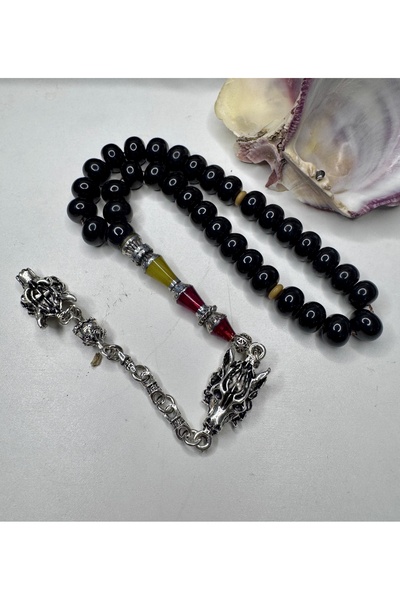 İskenderun Tesbihcilik Handcrafted Nakkaş İmame Simsiyah Squeeze Amber Prayer Beads