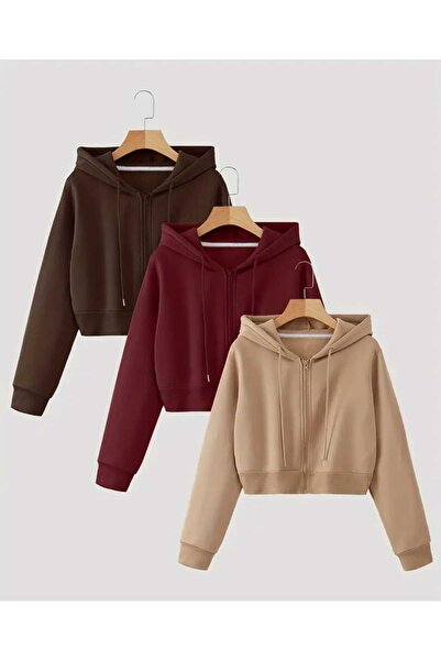 Abruzzo كارديجان قصير بسحاب وقلنسوة 3pcs 3 Thread Ş مبطن بالصوف - أحمر داكن -...