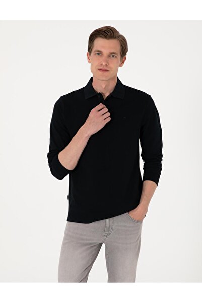 Pierre Cardin Μαύρο μακρυμάνικο φούτερ με γιακά πόλο εφαρμοστό