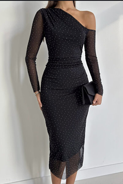 missamour Kadın Taşlı Tek Omuz Drapeli Siyah Kadın Uzun Elbise