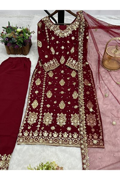 MYSMAR طقم سلوار قميص ودوباتا من قماش جورجيت صناعي بلون العنابي - HRT5126 | عنابي