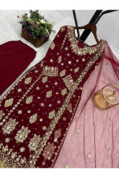 MYSMAR طقم سلوار قميص ودوباتا من قماش جورجيت صناعي بلون العنابي - HRT5126 | عنابي