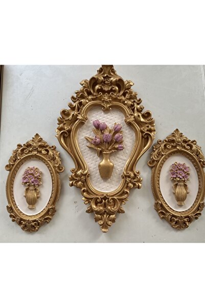 busraconcept Pembe çiçekli el yapımı duvar tablo 3lü set