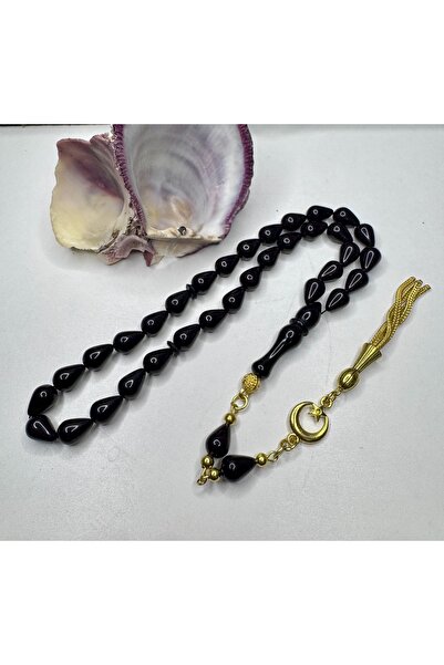 İskenderun Tesbihcilik Black Crimped Amber Prayer Beads Like Tear Drop Model Oltu