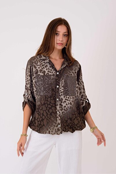 Park Moda 22007-11 BÜZGÜ DETAYLI LEOPAR DESEN PAYET DETAYLI GÖMLEK