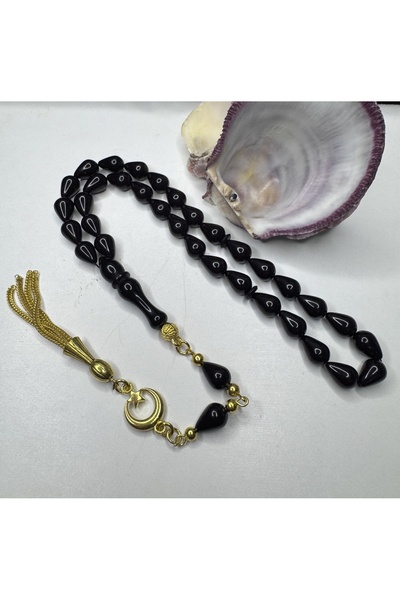 İskenderun Tesbihcilik Black Crimped Amber Prayer Beads Like Tear Drop Model Oltu